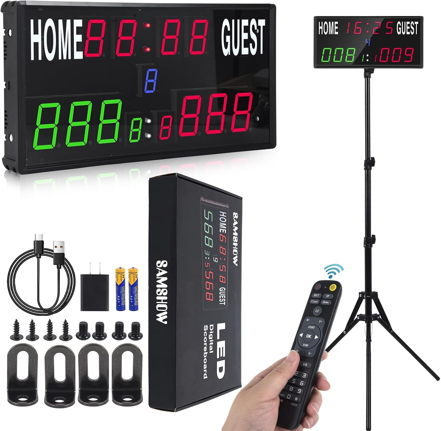 2025 LED Electronic Scoreboard Digital Score Keeper with Remote & Tripod, Basketball Scoreboard with Shot Clock & Timer & 12/24H Real Time for Outdoor Yard Games/Corn Hole/Ping Pong/Pickleball