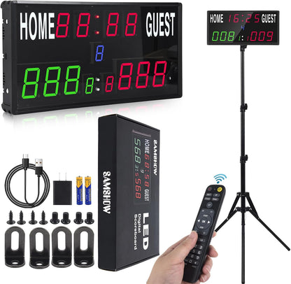 2025 LED Electronic Scoreboard Digital Score Keeper with Remote & Tripod, Basketball Scoreboard with Shot Clock & Timer & 12/24H Real Time for Outdoor Yard Games/Corn Hole/Ping Pong/Pickleball