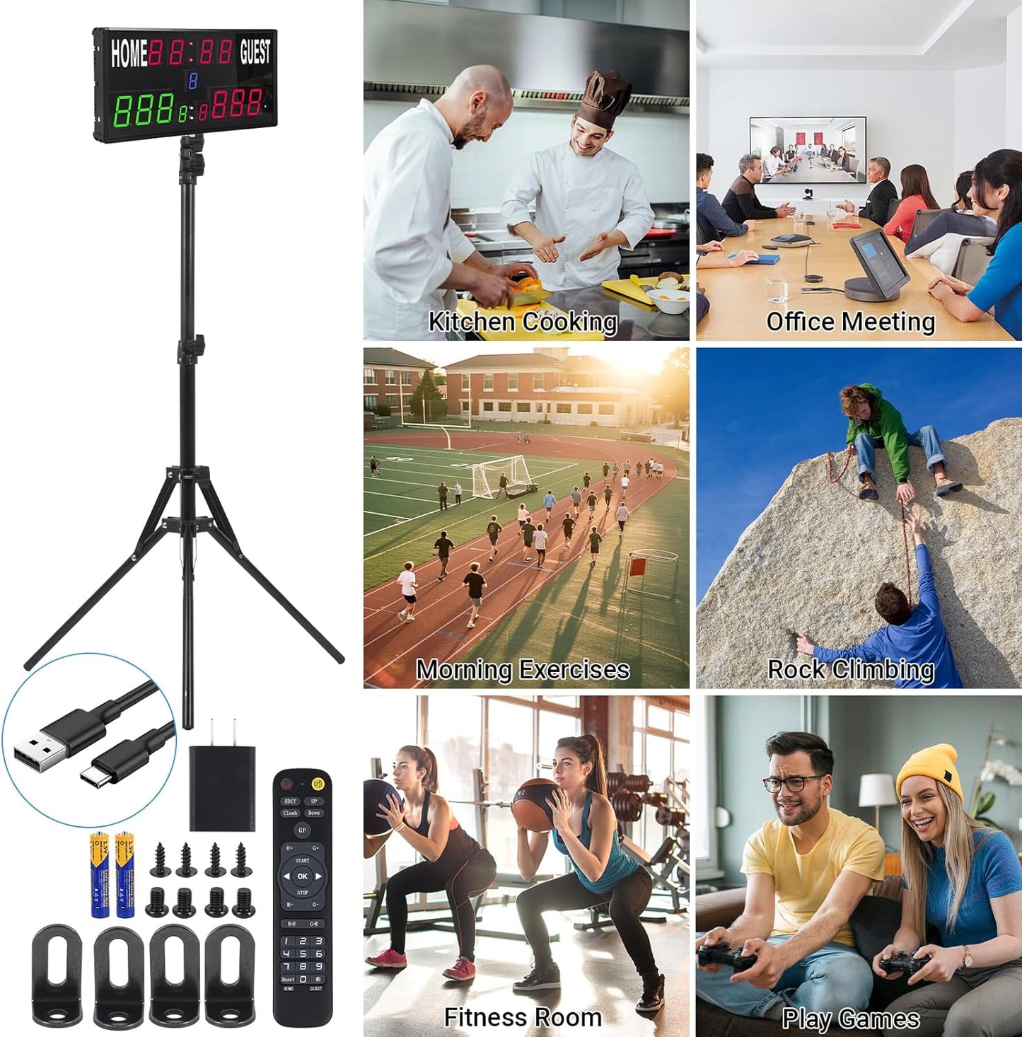 2025 LED Electronic Scoreboard Digital Score Keeper with Remote & Tripod, Basketball Scoreboard with Shot Clock & Timer & 12/24H Real Time for Outdoor Yard Games/Corn Hole/Ping Pong/Pickleball