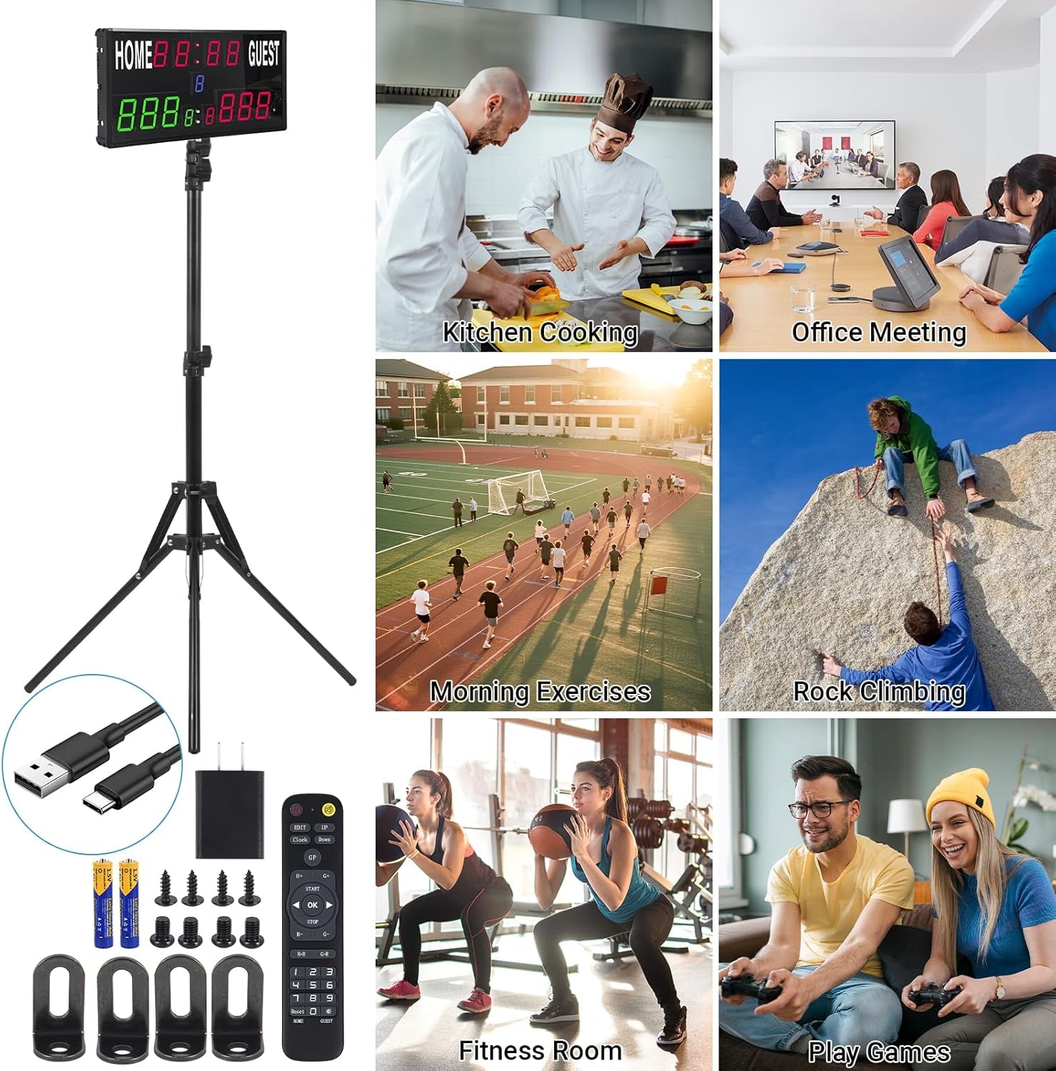 2025 LED Electronic Scoreboard Digital Score Keeper with Remote & Tripod, Basketball Scoreboard with Shot Clock & Timer & 12/24H Real Time for Outdoor Yard Games/Corn Hole/Ping Pong/Pickleball