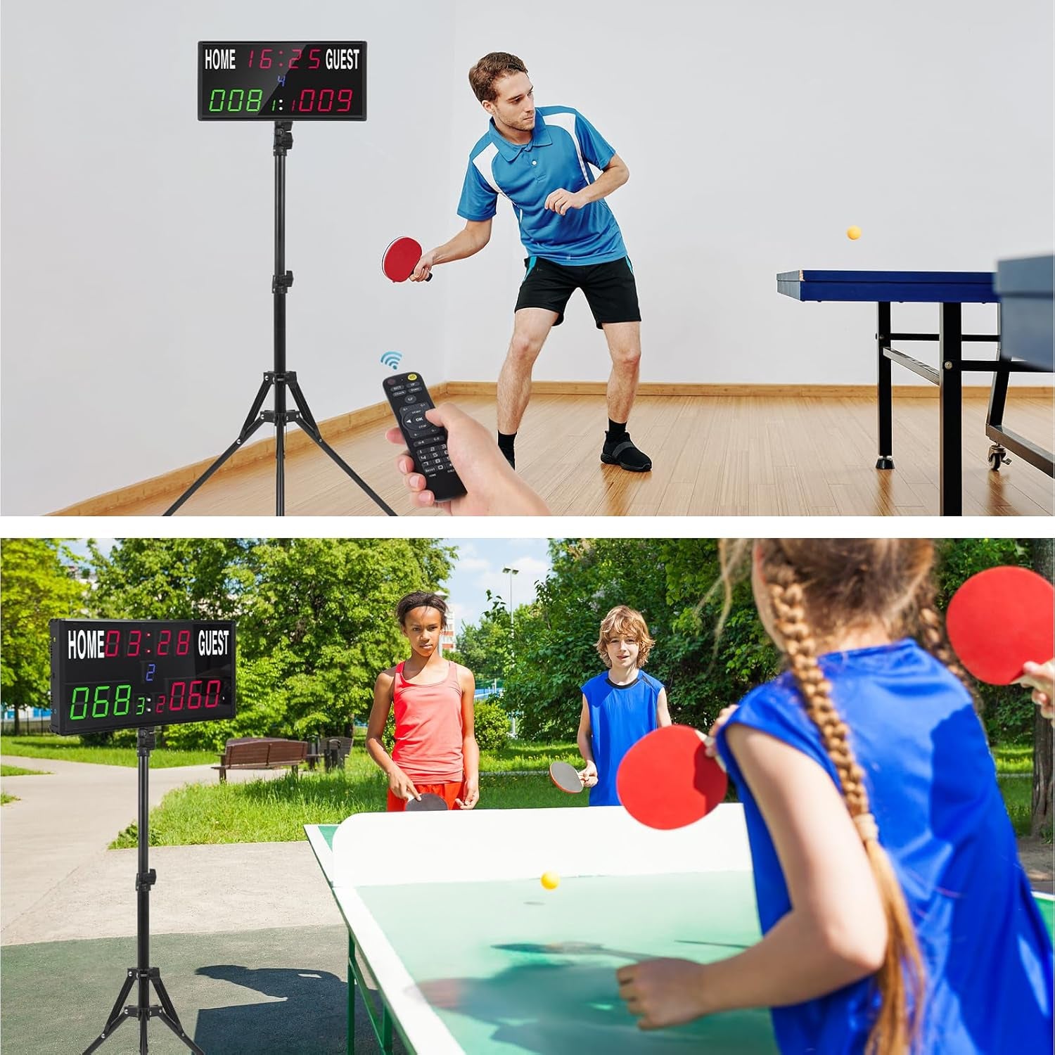 2025 LED Electronic Scoreboard Digital Score Keeper with Remote & Tripod, Basketball Scoreboard with Shot Clock & Timer & 12/24H Real Time for Outdoor Yard Games/Corn Hole/Ping Pong/Pickleball