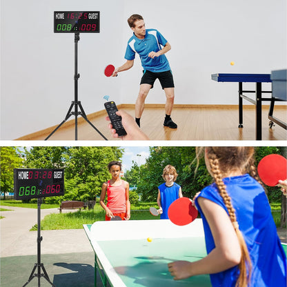 2025 LED Electronic Scoreboard Digital Score Keeper with Remote & Tripod, Basketball Scoreboard with Shot Clock & Timer & 12/24H Real Time for Outdoor Yard Games/Corn Hole/Ping Pong/Pickleball