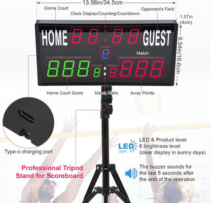 2025 LED Electronic Scoreboard Digital Score Keeper with Remote & Tripod, Basketball Scoreboard with Shot Clock & Timer & 12/24H Real Time for Outdoor Yard Games/Corn Hole/Ping Pong/Pickleball
