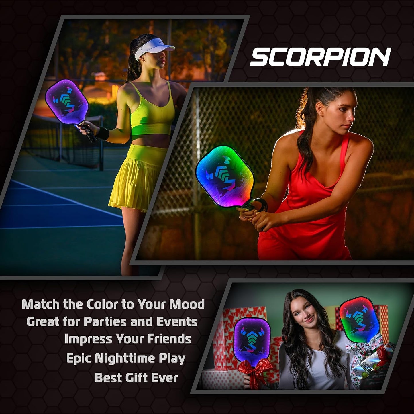 LED Pickleball Paddle Set - Lightweight Rackets with LED Edge Lighting | Carbon Fiber, Fiberglass, and Wood Construction | Durable Paddles for All Ages | Includes Bonus Accessories