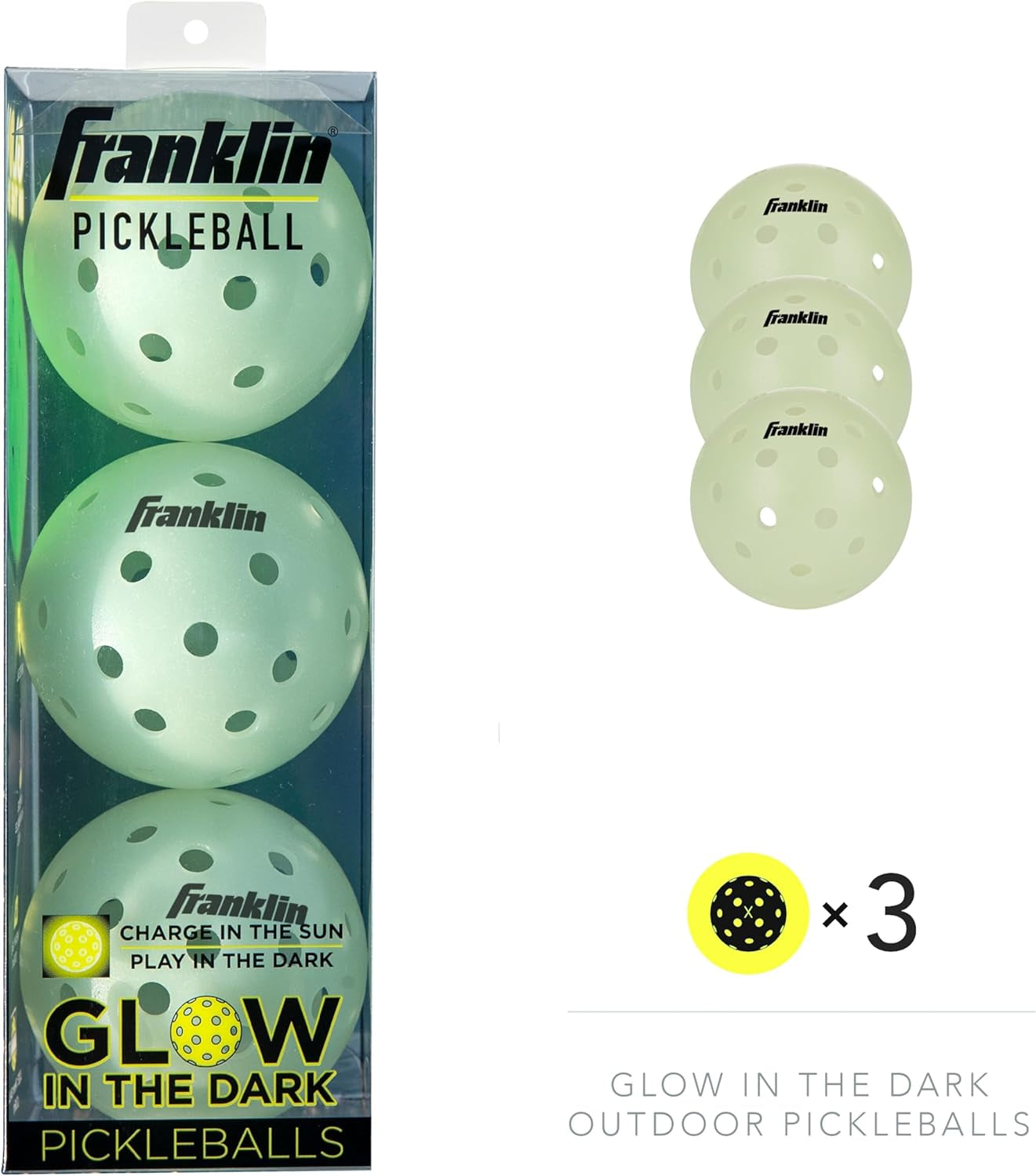 Franklin Sports Glow-in-the-Dark Outdoor Pickleballs - Illuminated Pickleball Balls for Nighttime Play - Rechargeable Green Pickleball Balls for Indoor and Outdoor Use