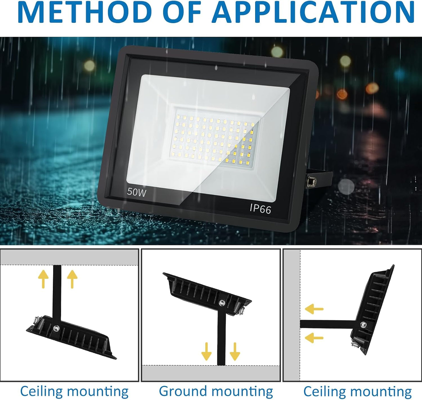 50W LED Outdoor Flood Light, 5000LM High-Intensity Work Light with Plug, 6500K Daylight White, IP66 Waterproof - Single Pack