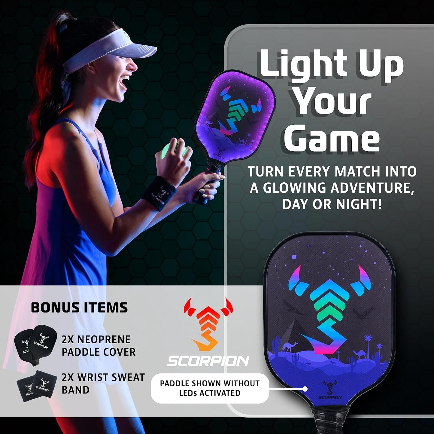 LED Pickleball Paddle Set - Lightweight Rackets with LED Edge Lighting | Carbon Fiber, Fiberglass, and Wood Construction | Durable Paddles for All Ages | Includes Bonus Accessories