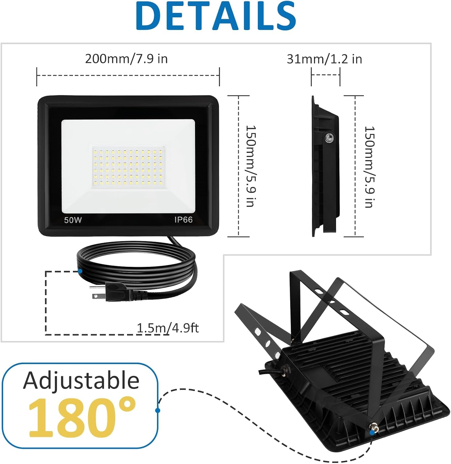 50W LED Outdoor Flood Light, 5000LM High-Intensity Work Light with Plug, 6500K Daylight White, IP66 Waterproof - Single Pack