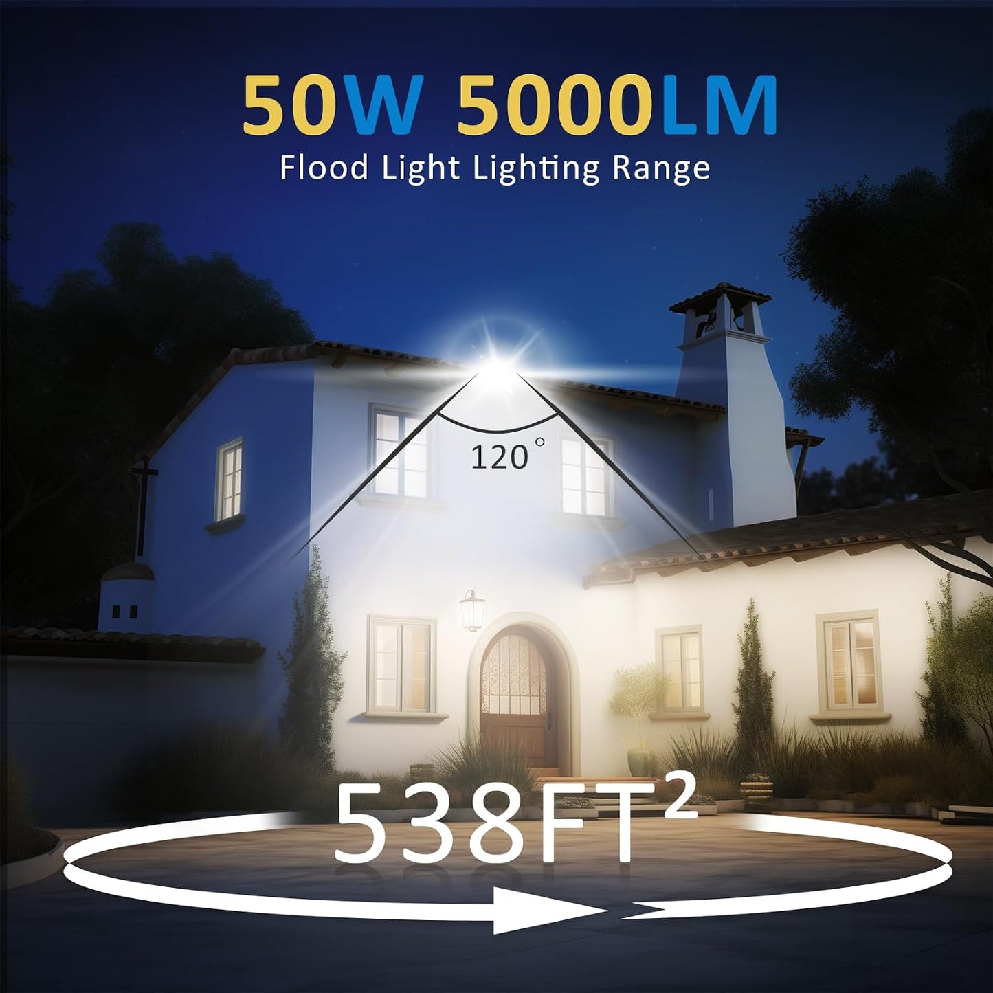 50W LED Outdoor Flood Light, 5000LM High-Intensity Work Light with Plug, 6500K Daylight White, IP66 Waterproof - Single Pack