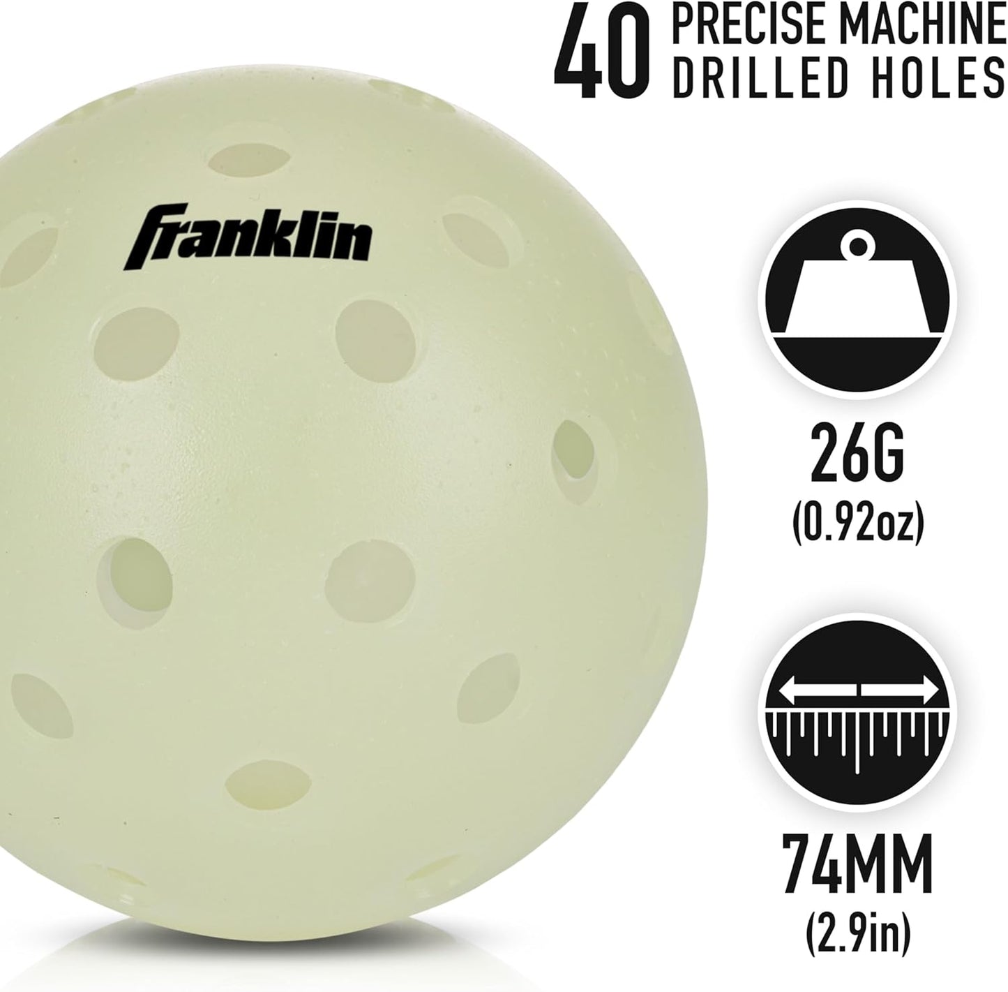 Franklin Sports Glow-in-the-Dark Outdoor Pickleballs - Illuminated Pickleball Balls for Nighttime Play - Rechargeable Green Pickleball Balls for Indoor and Outdoor Use