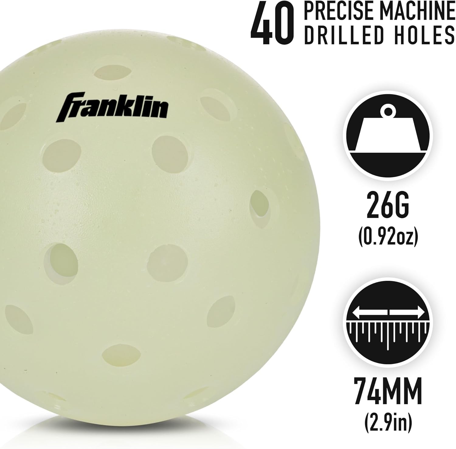 Franklin Sports Glow-in-the-Dark Outdoor Pickleballs - Illuminated Pickleball Balls for Nighttime Play - Rechargeable Green Pickleball Balls for Indoor and Outdoor Use