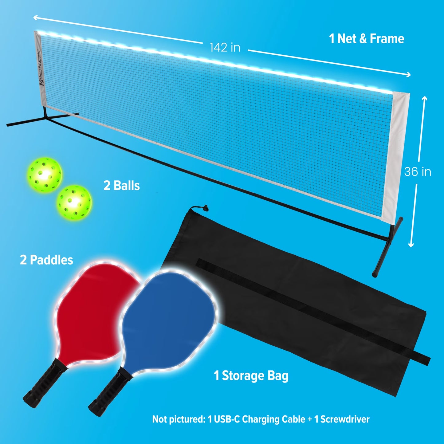 Unisex LED Pickleball Portable Set with Illuminated Net, Paddles, and Balls - Multipack
